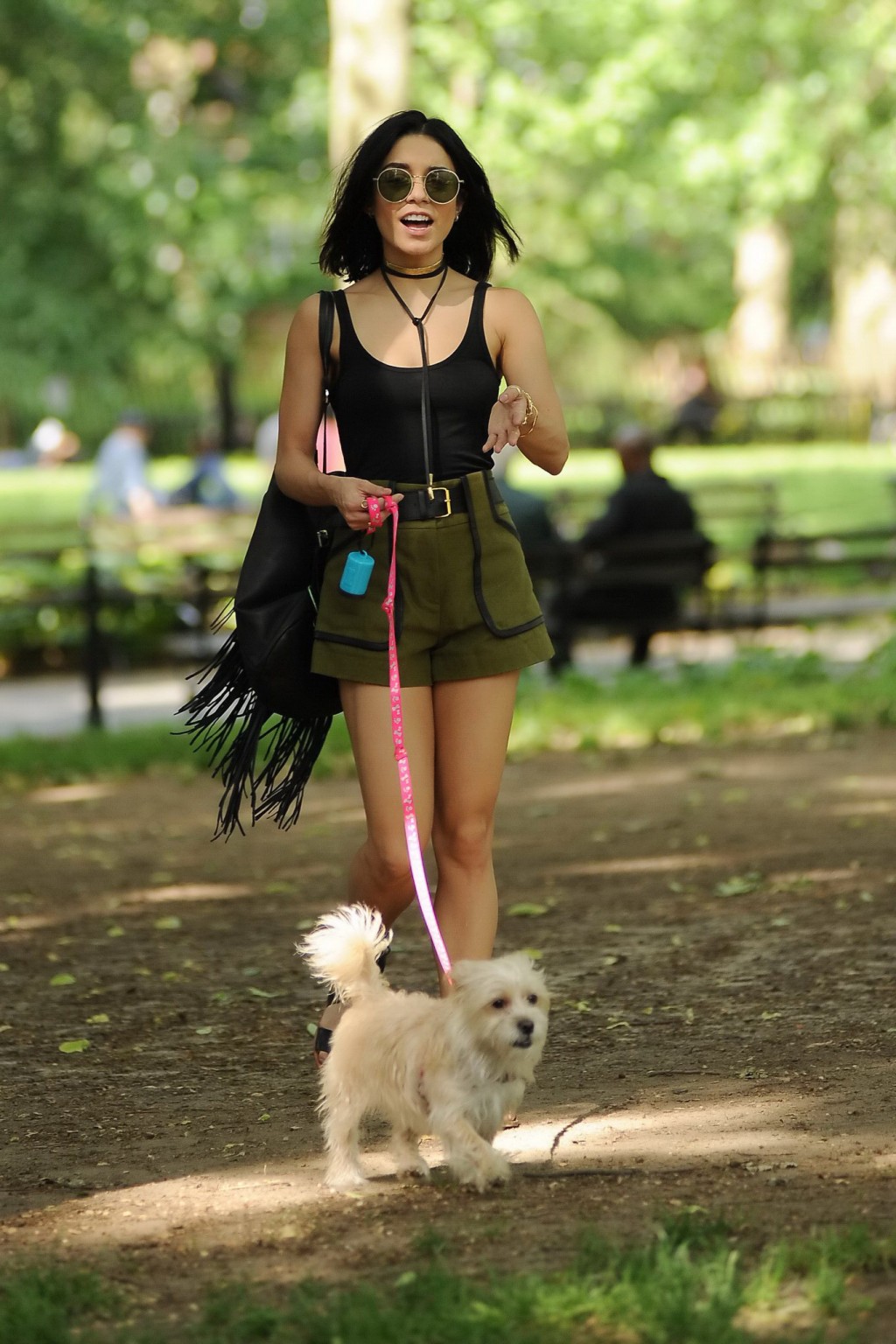Vanessa Hudgens In A Tiny Black Tank Top And Shorts Takes Her Dog At A Park In N