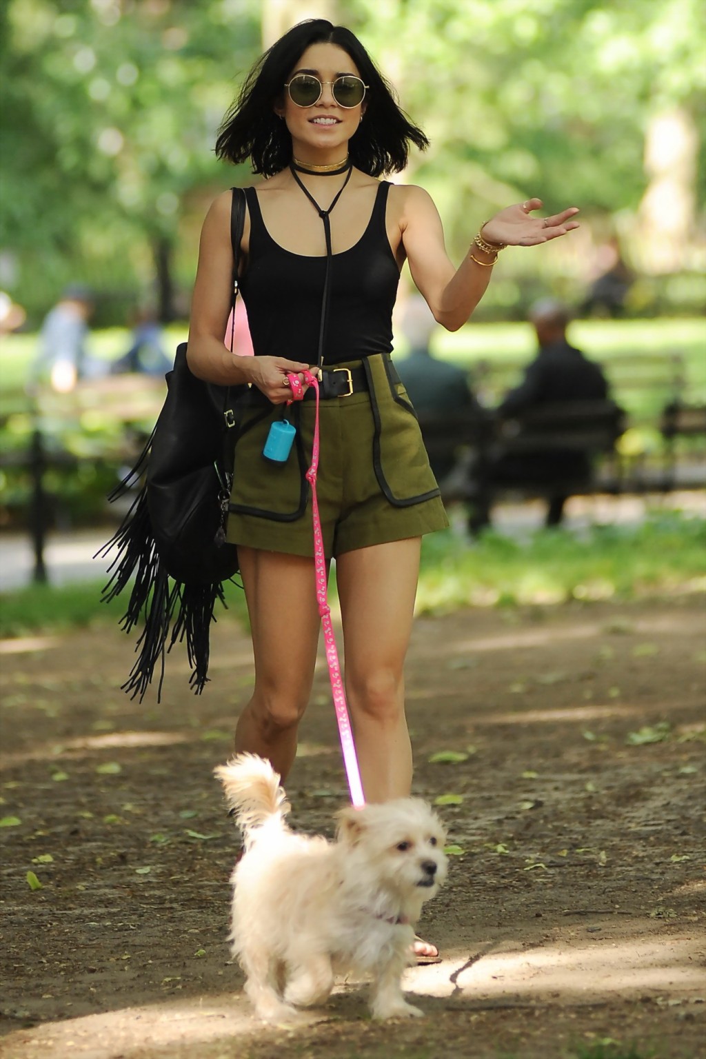 Vanessa Hudgens in a tiny black tank top and shorts takes her dog at a park in N #75162892