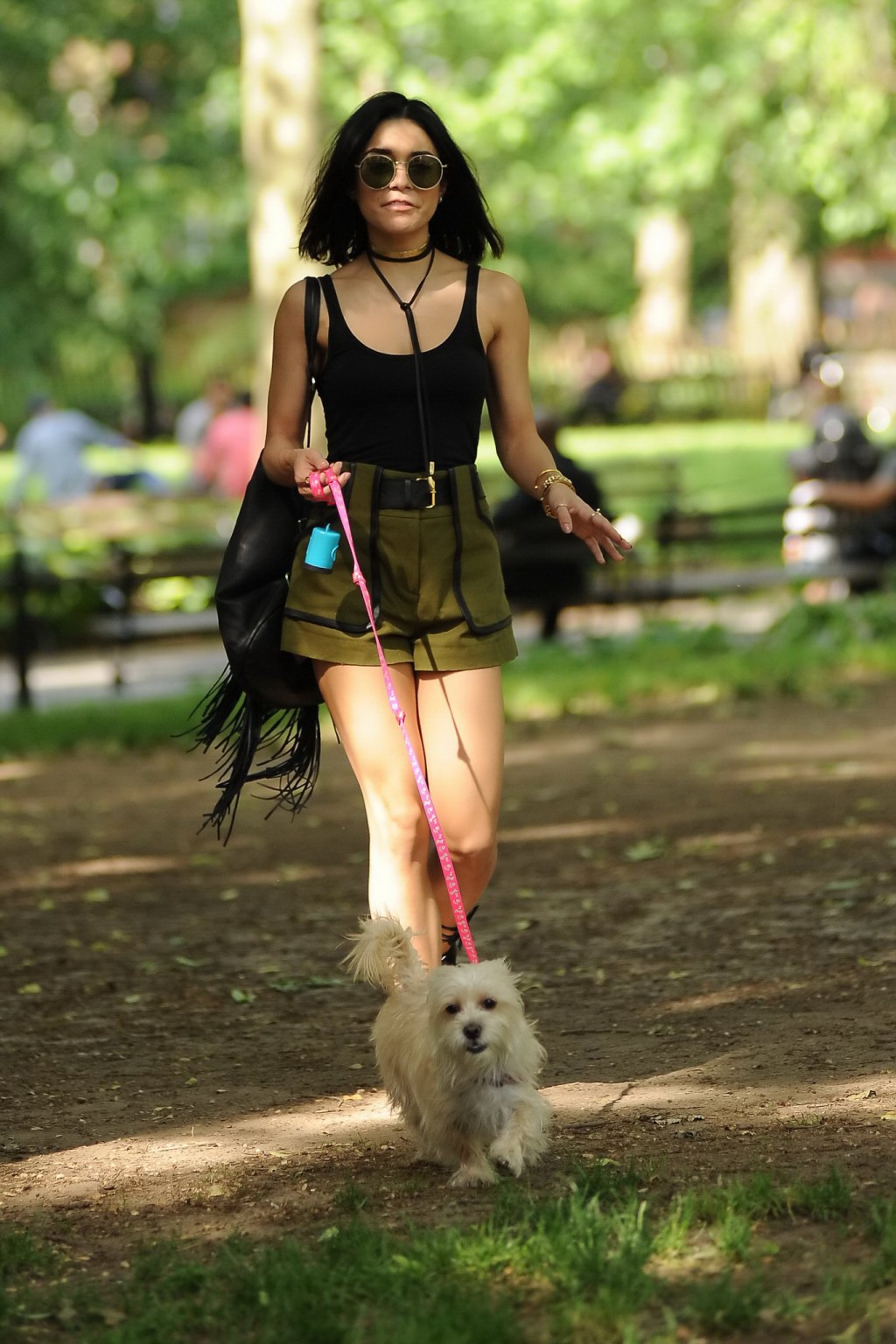 Vanessa Hudgens in a tiny black tank top and shorts takes her dog at a park in N #75162897