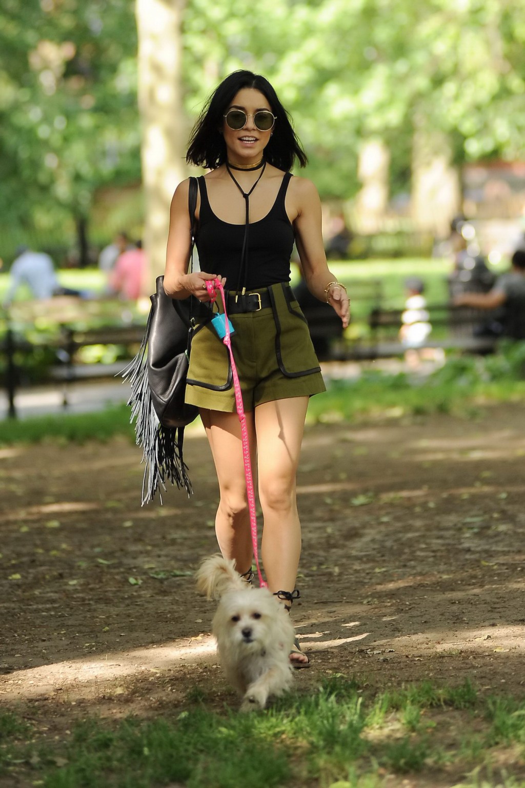 Vanessa hudgens in una piccola canottiera nera e pantaloncini prende il suo cane in un parco in n
 #75162904