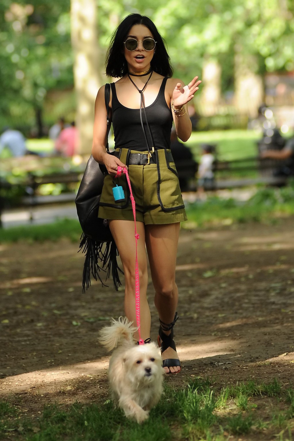 Vanessa Hudgens in a tiny black tank top and shorts takes her dog at a park in N #75162932