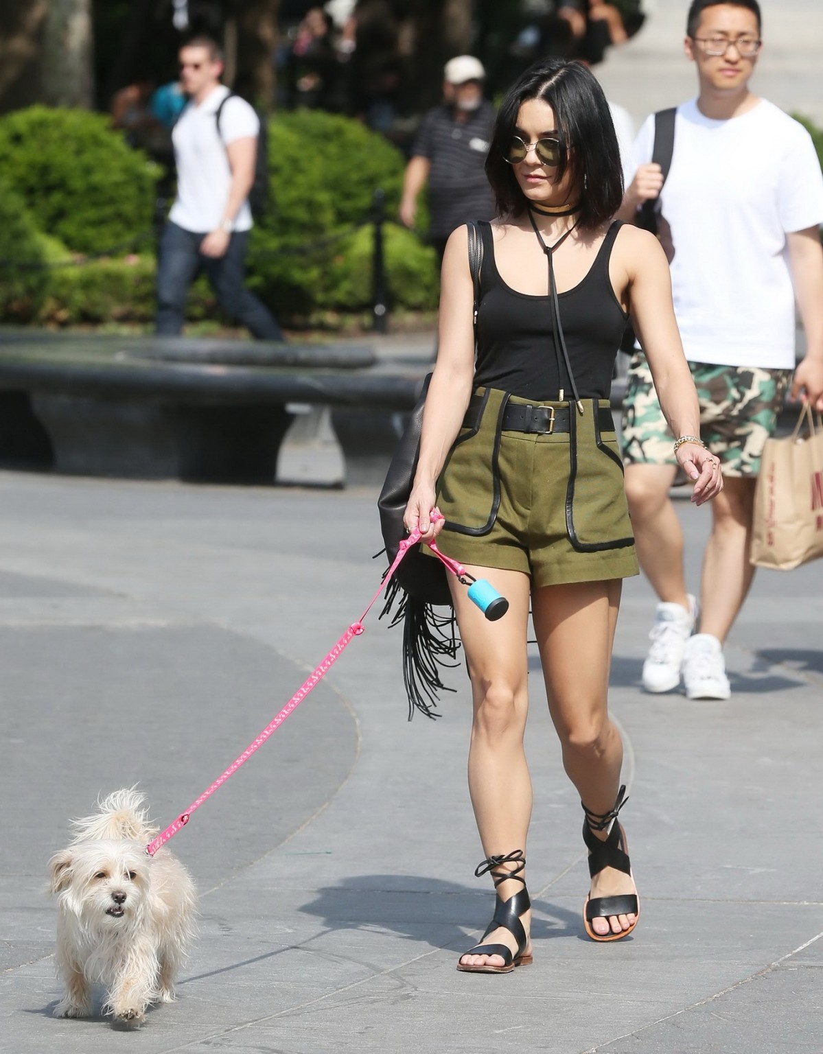 Vanessa Hudgens in a tiny black tank top and shorts takes her dog at a park in N #75162940