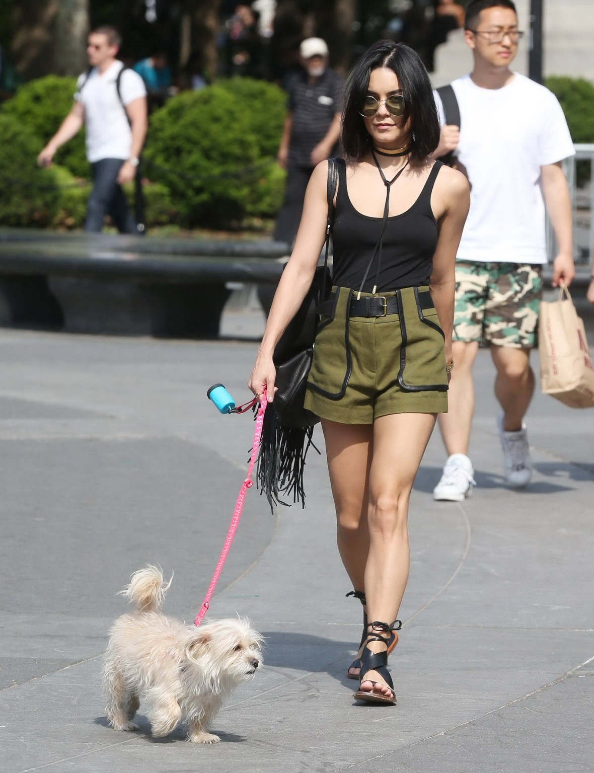 Vanessa Hudgens in a tiny black tank top and shorts takes her dog at a park in N #75162945