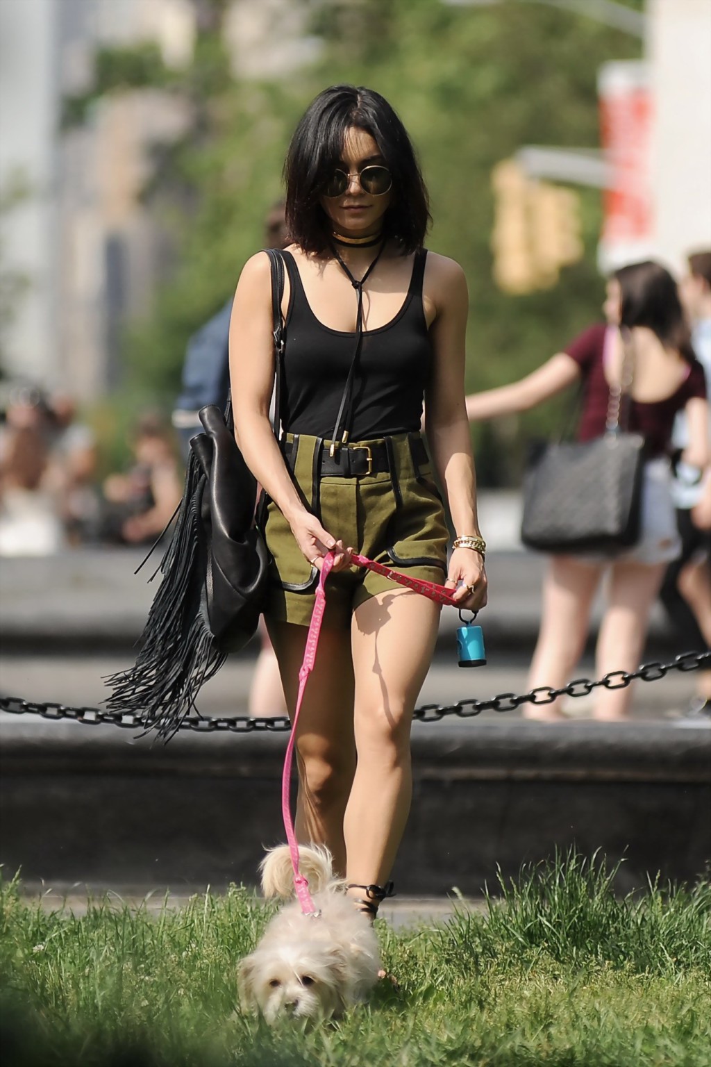 Vanessa hudgens in una piccola canottiera nera e pantaloncini prende il suo cane in un parco in n
 #75162956