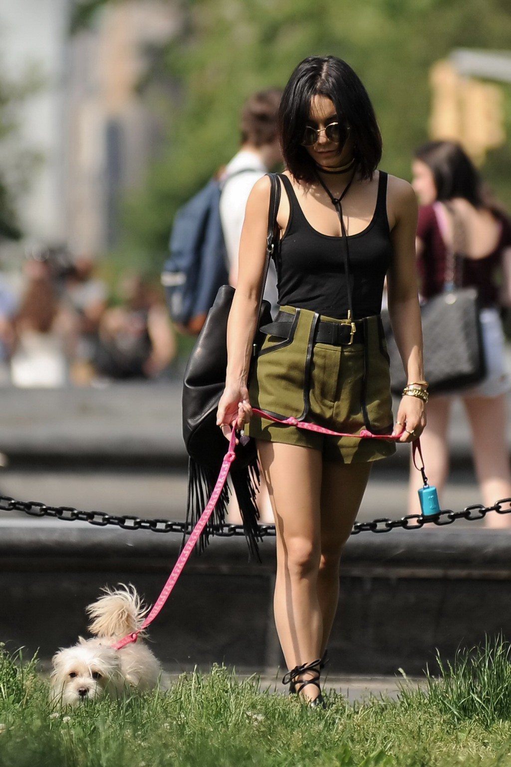 Vanessa Hudgens in a tiny black tank top and shorts takes her dog at a park in N #75162964