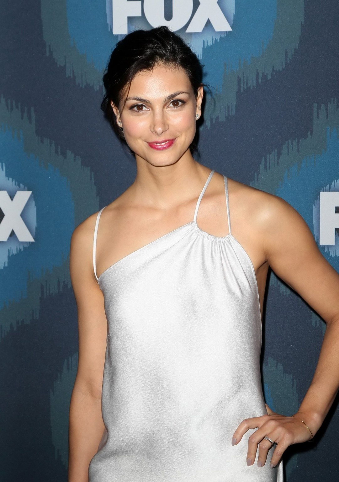 Morena Baccarin showing pokies braless in white dress at FOX AllStar Party in Pa