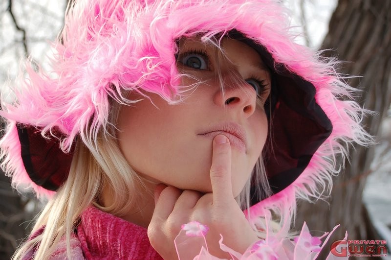 Beautiful blonde Gwen in pink playing in the snow #74020146