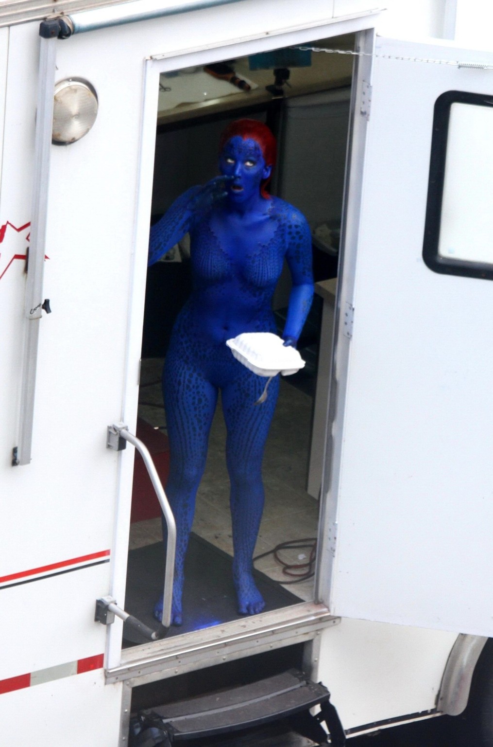 Jennifer Lawrence fully nude with Mystique makeup on the X-Men set in Montreal #75230321