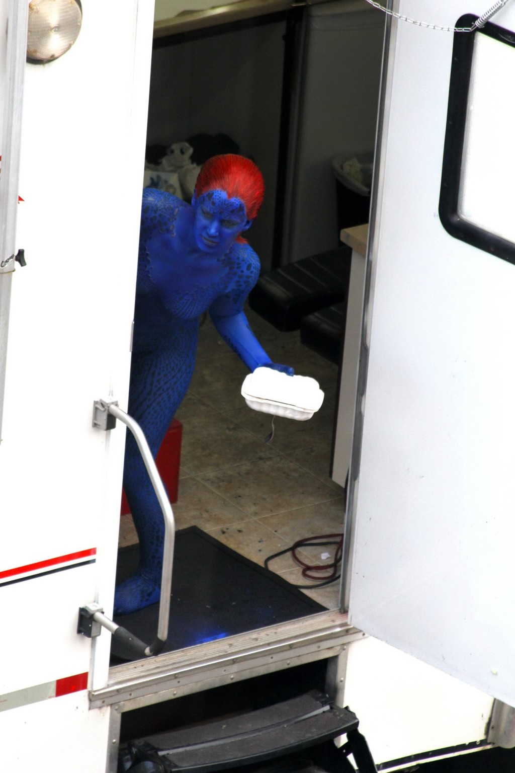 Jennifer Lawrence fully nude with Mystique makeup on the X-Men set in Montreal #75230329