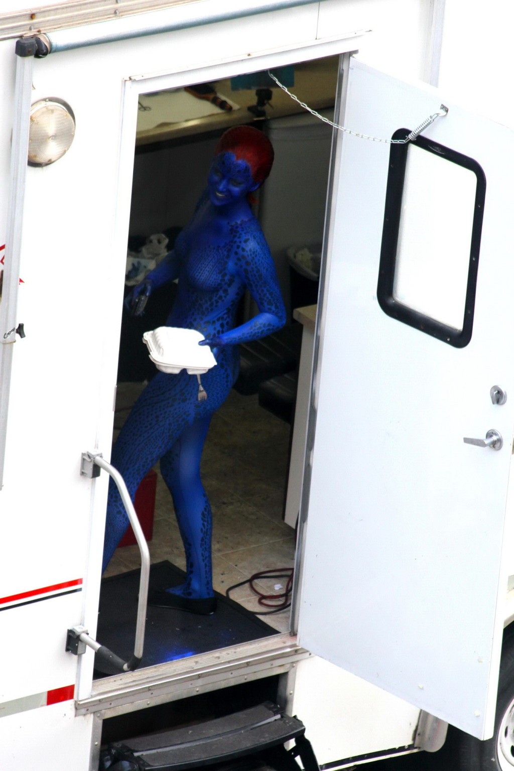 Jennifer Lawrence fully nude with Mystique makeup on the X-Men set in Montreal #75230333