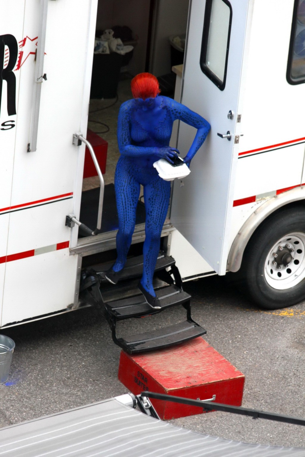 Jennifer Lawrence fully nude with Mystique makeup on the X-Men set in Montreal #75230355