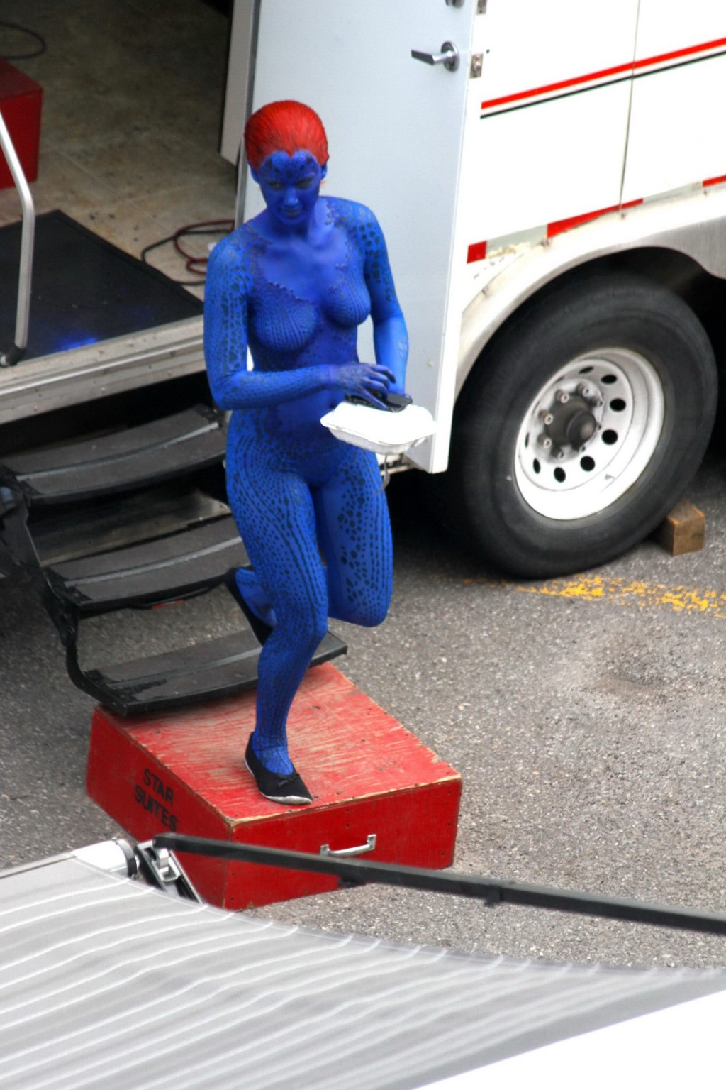 Jennifer Lawrence fully nude with Mystique makeup on the X-Men set in Montreal #75230365