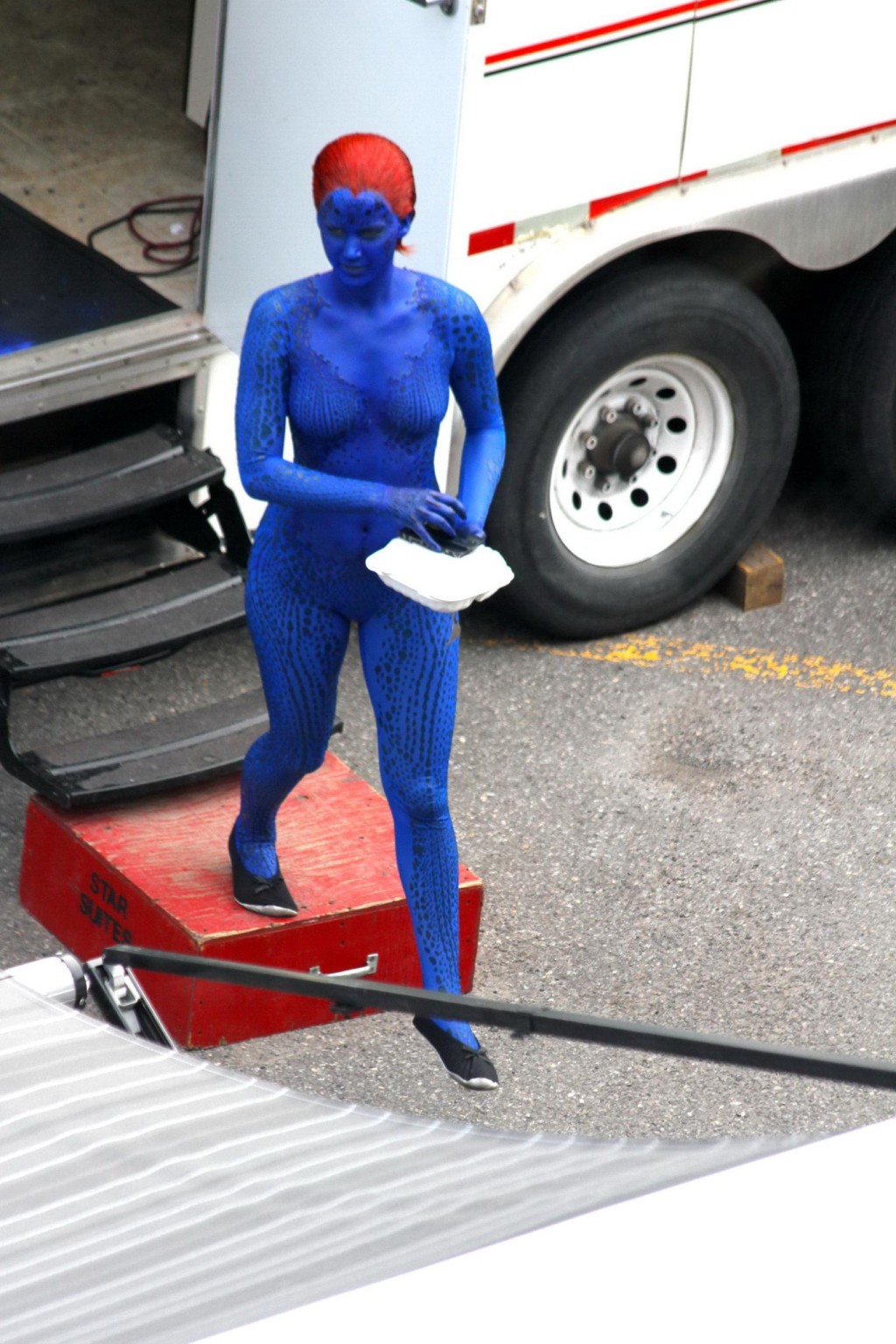 Jennifer Lawrence fully nude with Mystique makeup on the X-Men set in Montreal #75230374