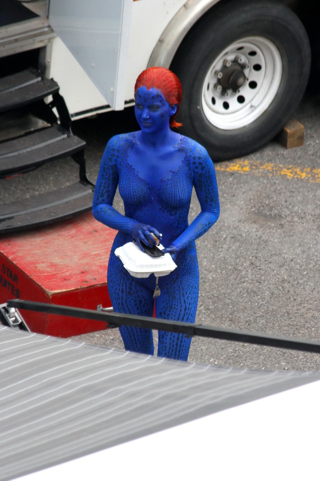 Jennifer Lawrence fully nude with Mystique makeup on the X-Men set in Montreal #75230401
