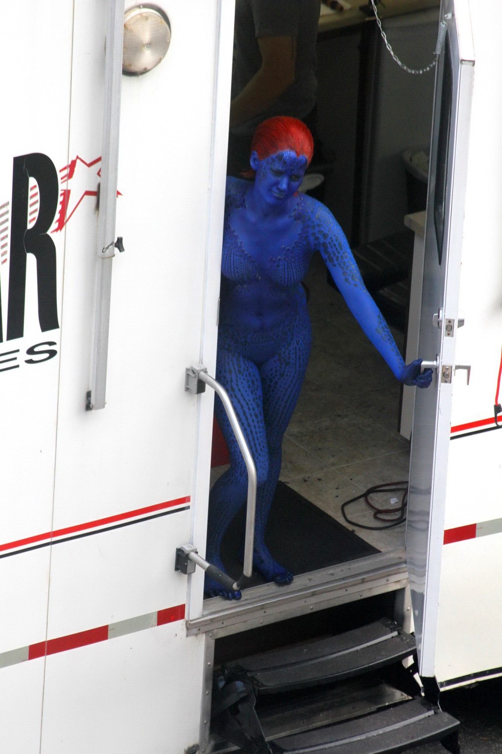 Jennifer Lawrence fully nude with Mystique makeup on the X-Men set in Montreal #75230416