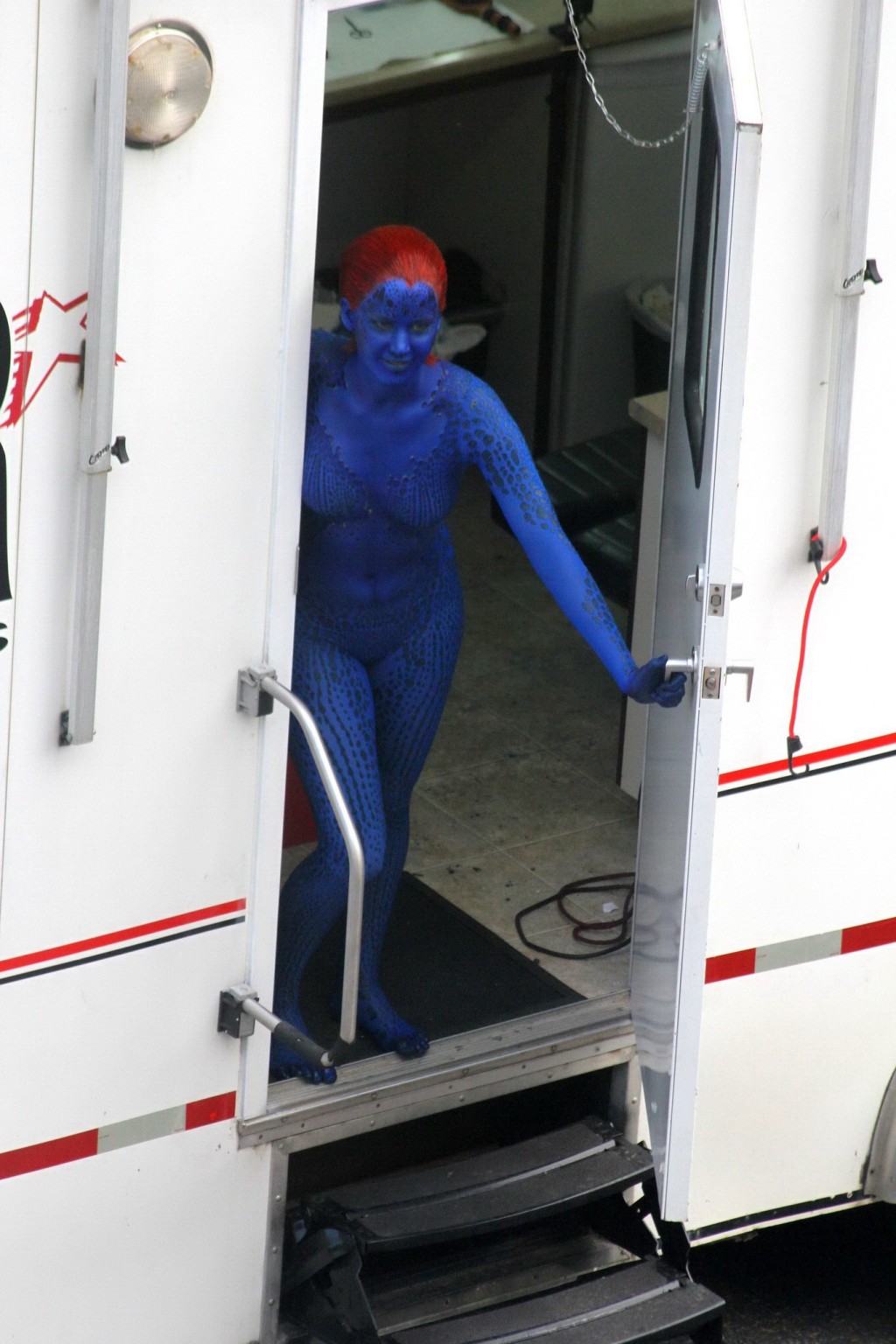 Jennifer Lawrence fully nude with Mystique makeup on the X-Men set in Montreal #75230422