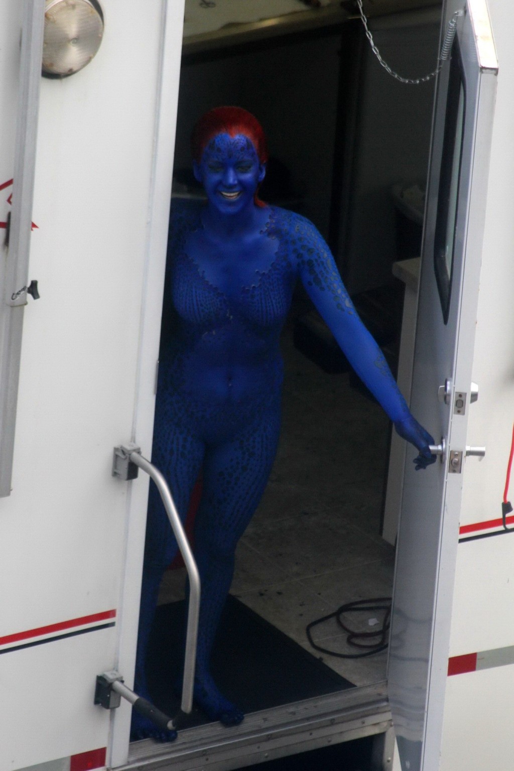 Jennifer Lawrence fully nude with Mystique makeup on the X-Men set in Montreal #75230428