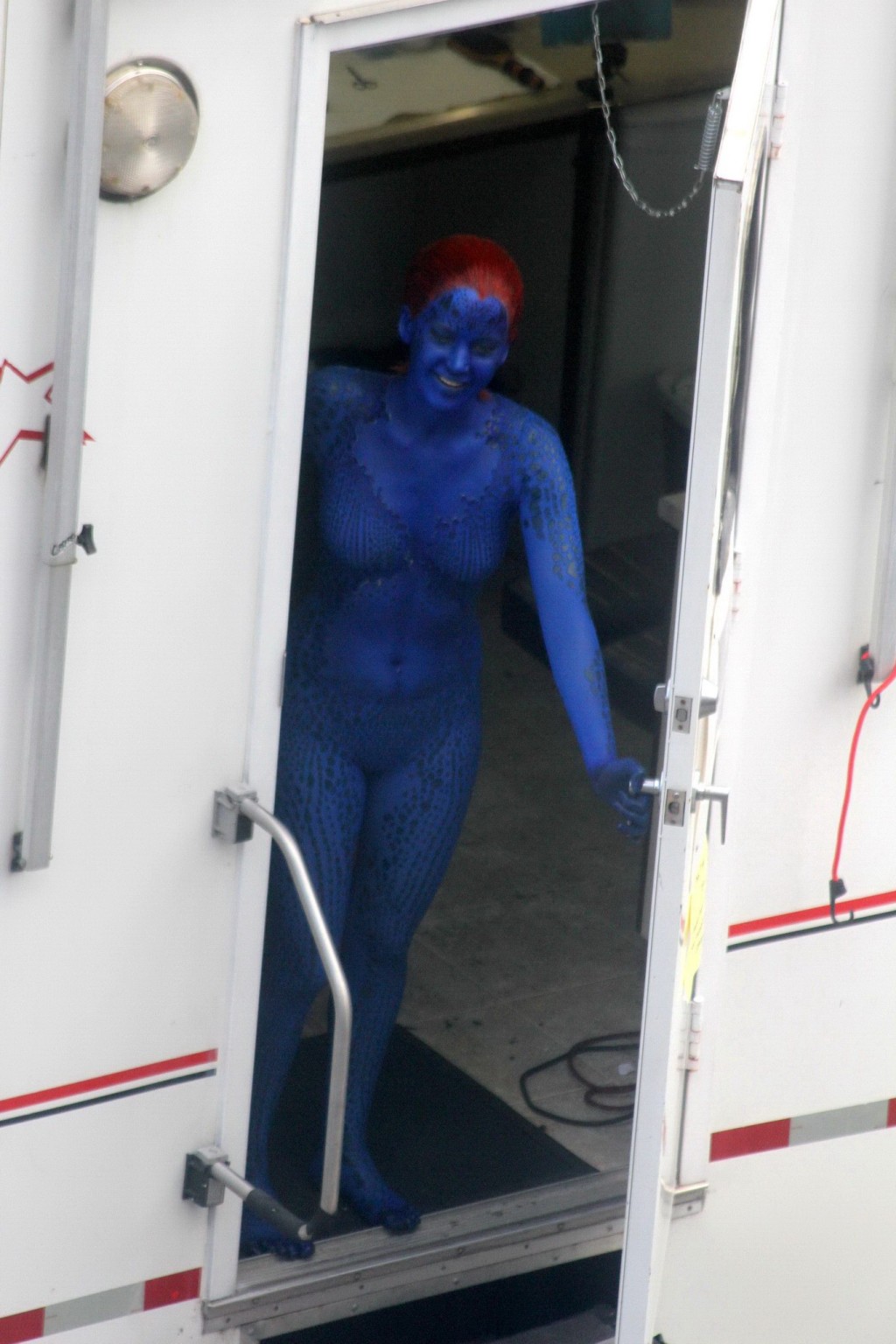 Jennifer Lawrence fully nude with Mystique makeup on the X-Men set in Montreal #75230436