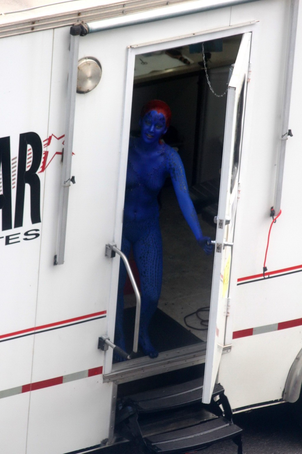 Jennifer Lawrence fully nude with Mystique makeup on the X-Men set in Montreal #75230442