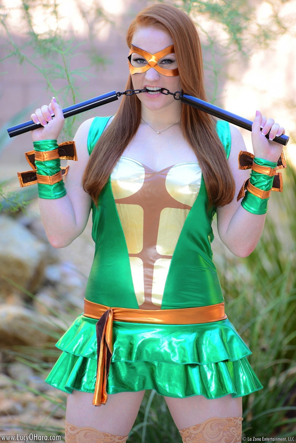 Cute pale redhead Lucy Ohara in Ninja Turtles costume fucking a nunchuk #74620985