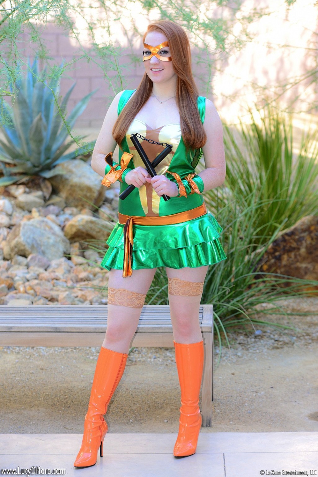 Cute pale redhead Lucy Ohara in Ninja Turtles costume fucking a nunchuk #74620996