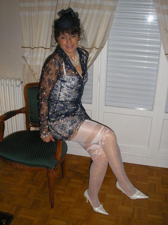 Housewife Nathalie in white linerie and stockings #77640713