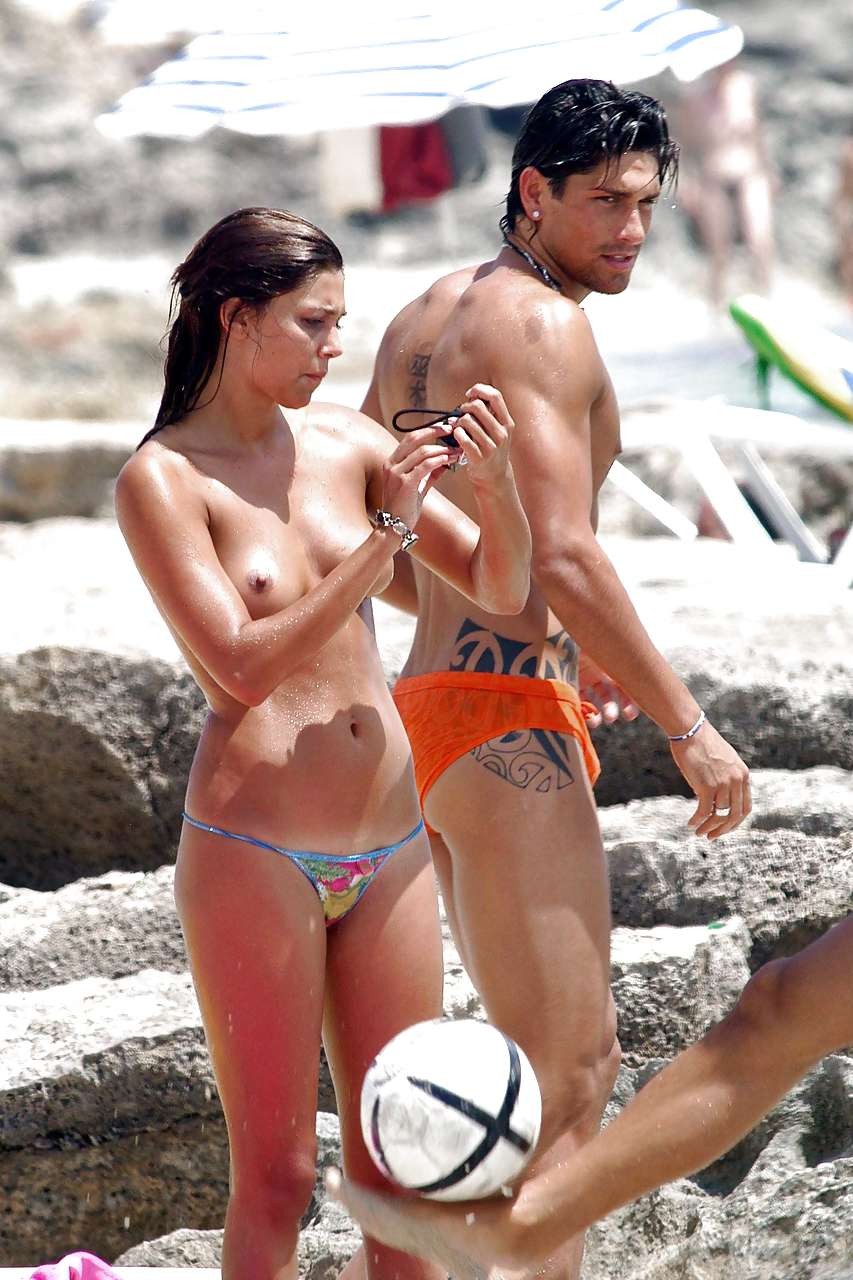 Belen Rodriguez exposing her boobs and ass in thong on beach #75242780