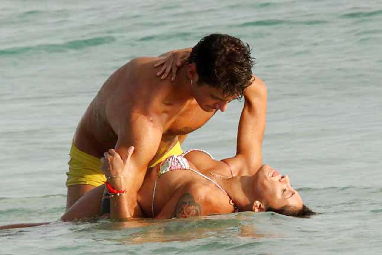 Belen Rodriguez exposing her boobs and ass in thong on beach #75242800