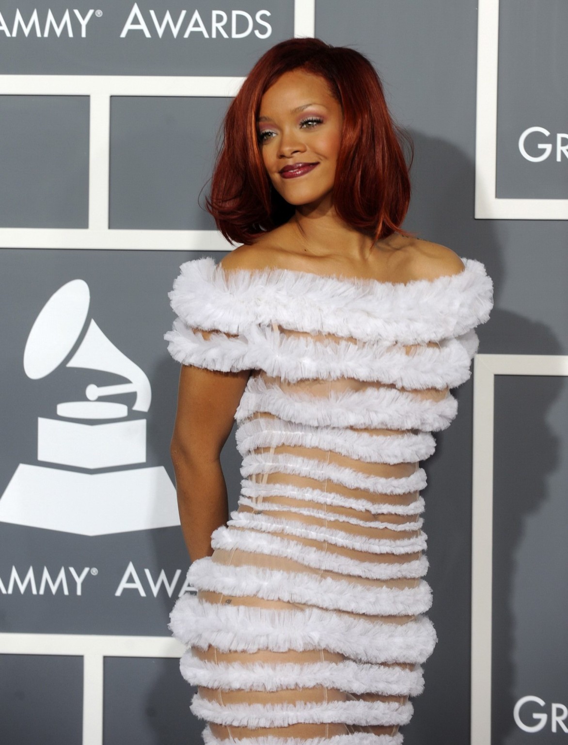 Rihanna wearing c-thru dress  nip stickers at 53rd Grammy Awards in LA #75317720