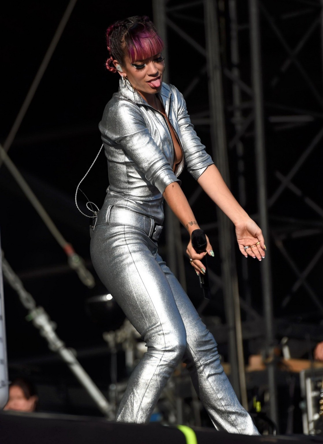 Lily Allen showing off her bare boobs braless in a wide open silver jumpsuit at  #75188016