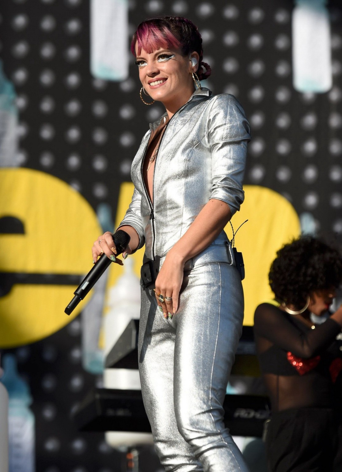 Lily Allen showing off her bare boobs braless in a wide open silver jumpsuit at  #75188035