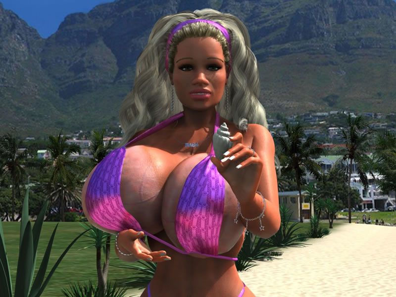 Une blonde sexy en 3D montre ses seins géants sur la plage.
 #67050994