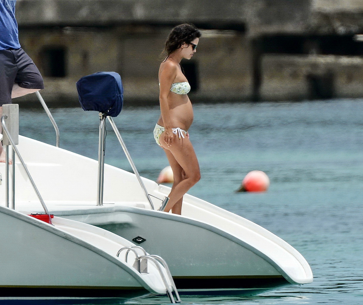 Rachel Bilson busty  pregnant wearing a strapless floral bikini on a yacht in Ba #75193677