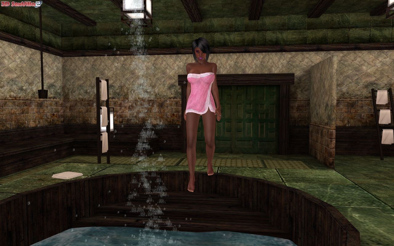 Animated black babe toys her holes in a bathhouse