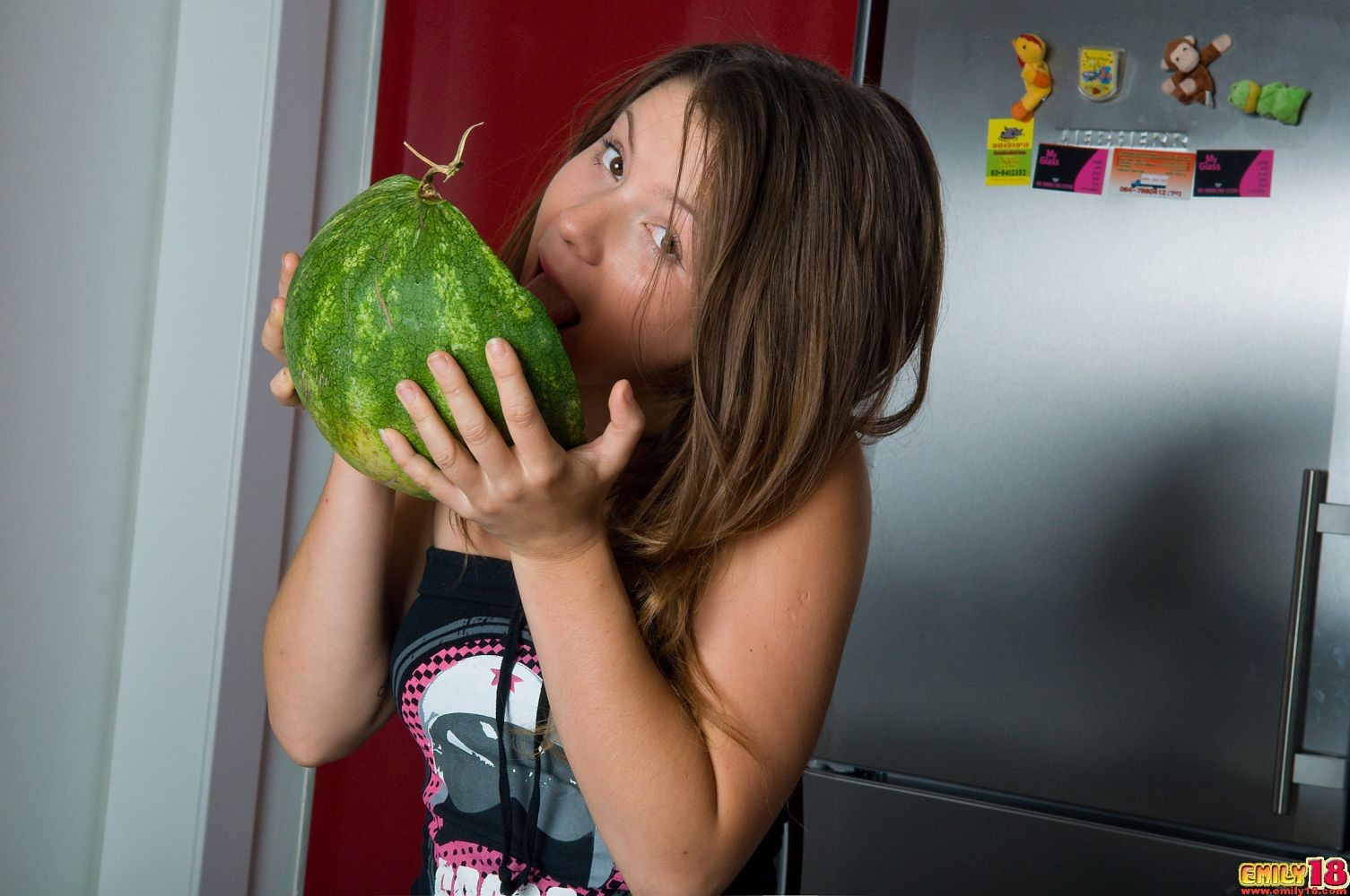 Pretty teen gets totally naked and plays with watermelon #78647573