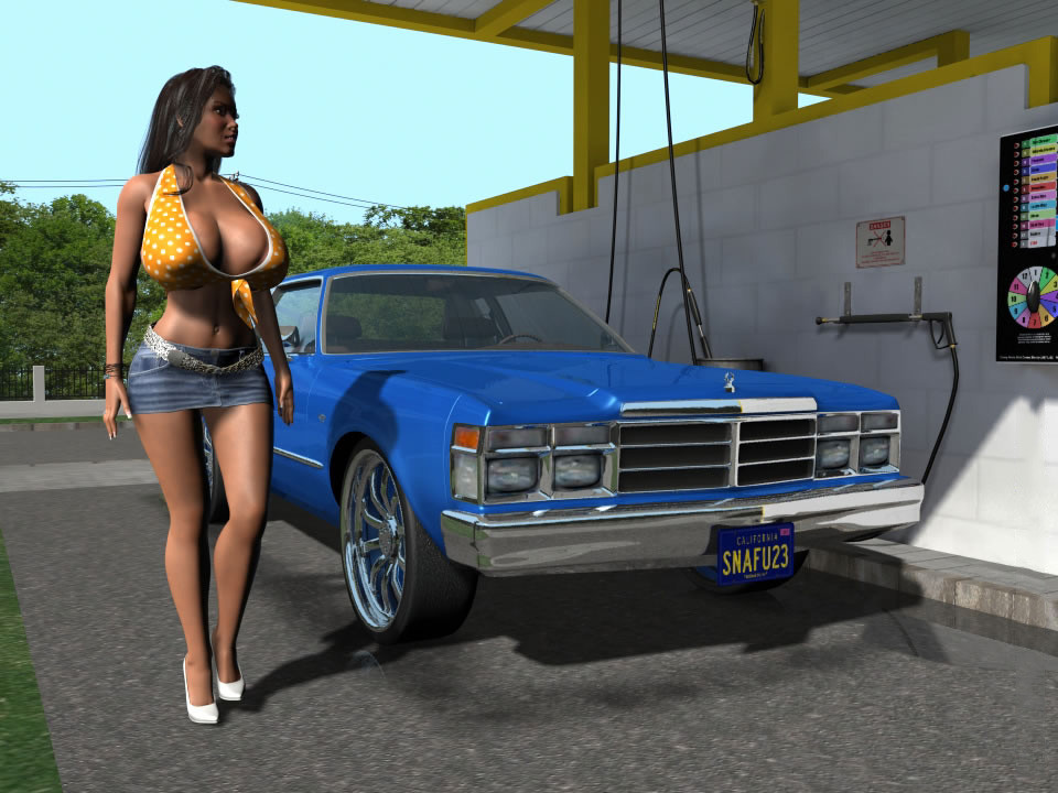 Hottie 3d brune aux gros seins et aux seins nus lave une voiture
 #67049781