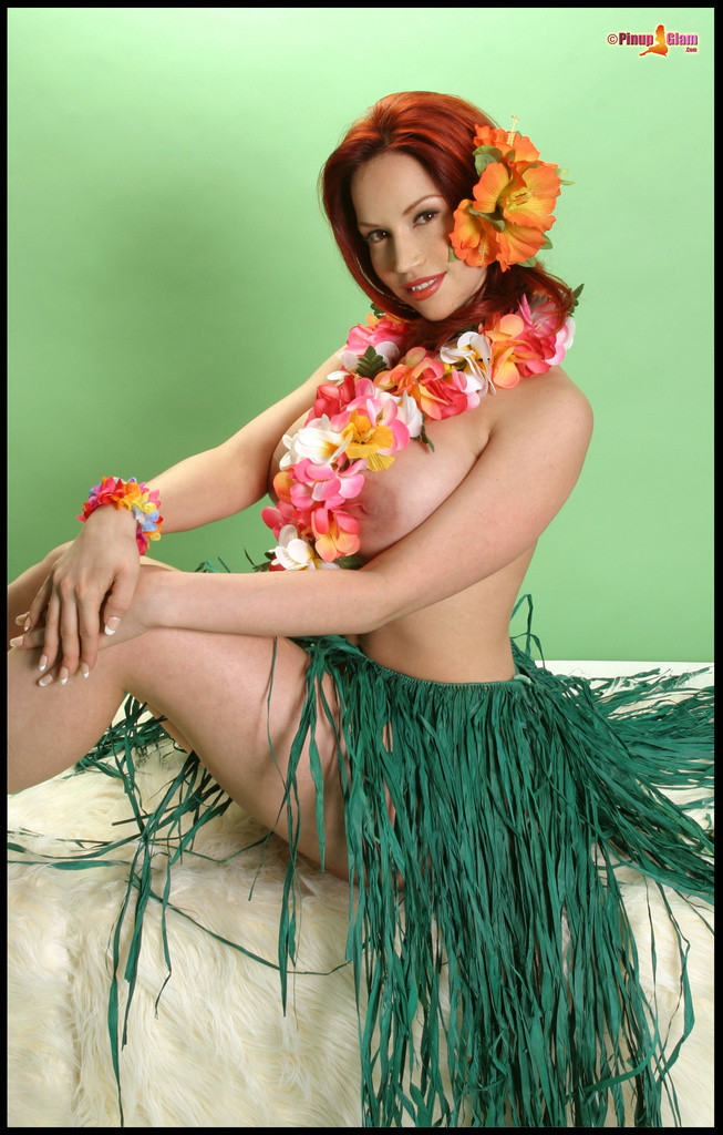 Busty Redhead Bianca Beauchamp Stripteases in a Hula Skirt and Flashes Her Big B #78973106