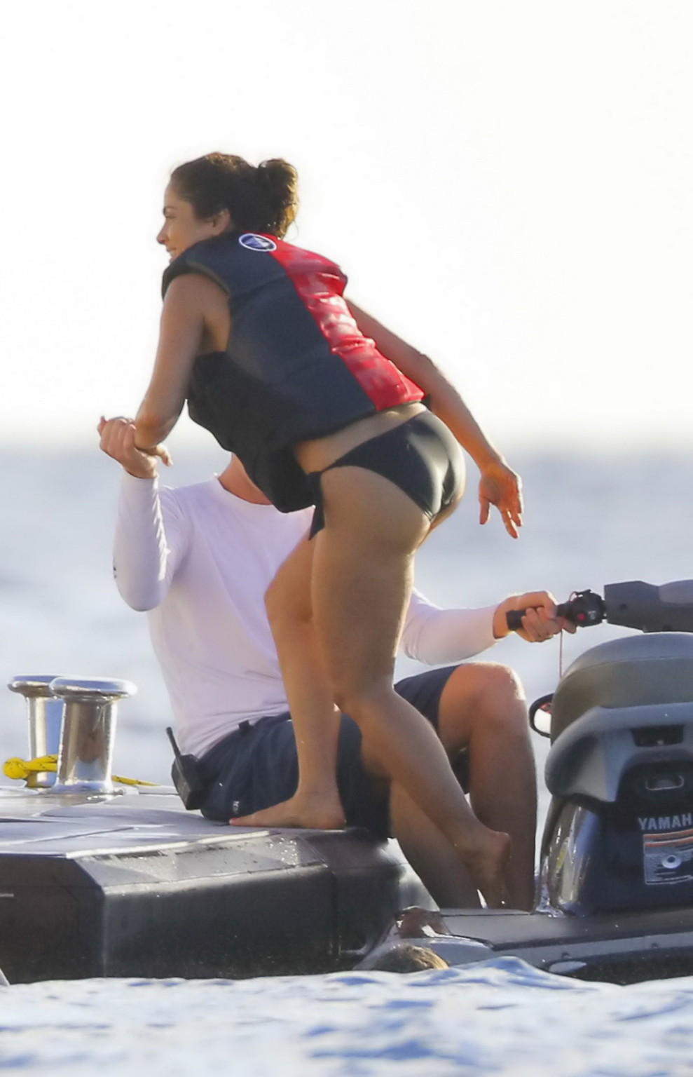 Salma Hayek shows off her big boobs and ass in tiny black bikini at a yacht in S #75177006