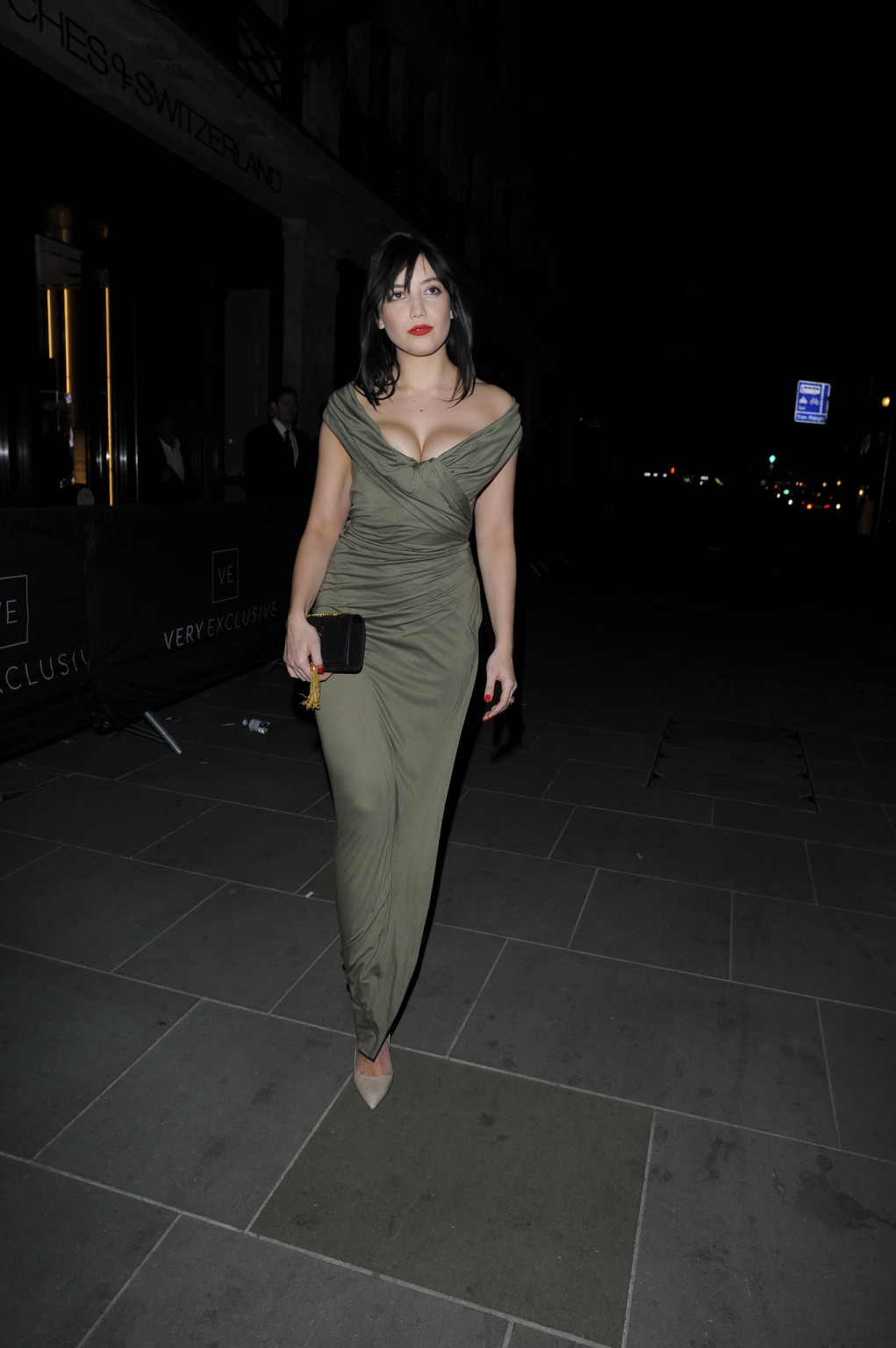Busty Daisy Lowe areola peek wearing a low cut olive dress at the VeryExclusivec #75171864