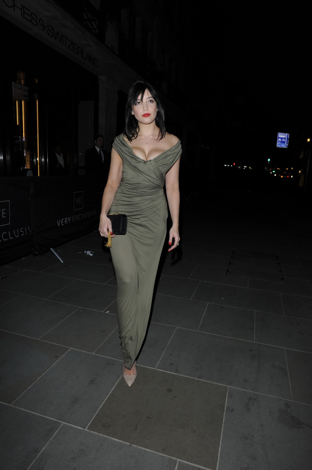 Busty daisy lowe areola peek wearing a low cut olive dress at the veryexclusivec
 #75171864