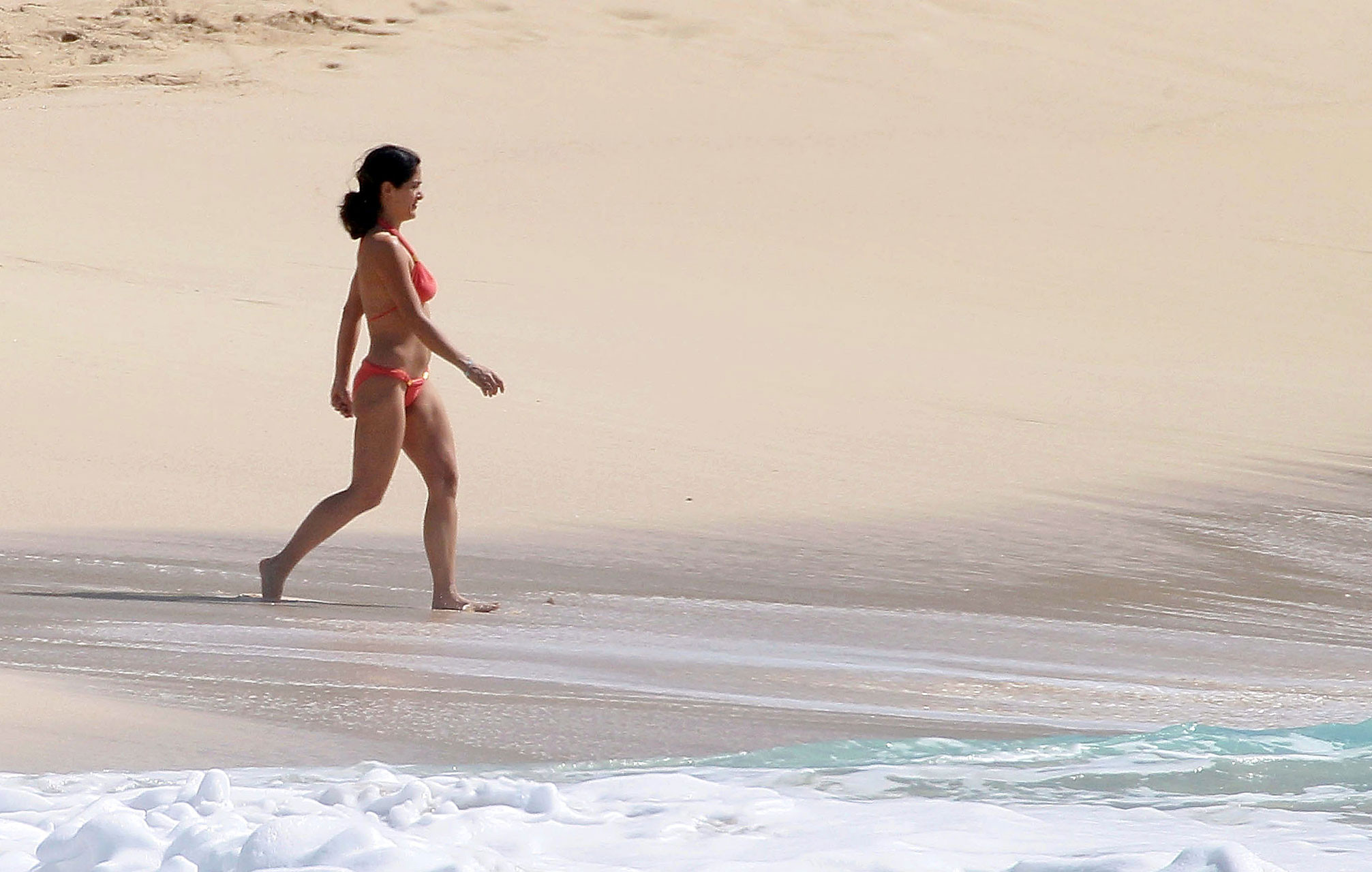 Salma Hayek exposing sexy body and huge boobs in red bikini on beach #75322700