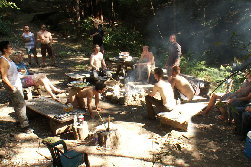 Campers gang bang a ripped stud tied to a tree in the woods. #76932399