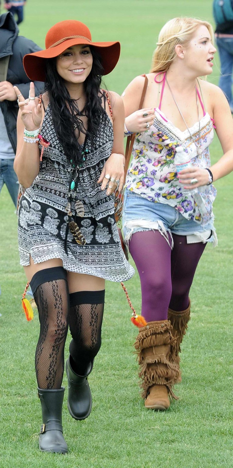Vanessa Hudgens upskirt wearing a mini skirt  stockings at Coachella Music Festi #75266429