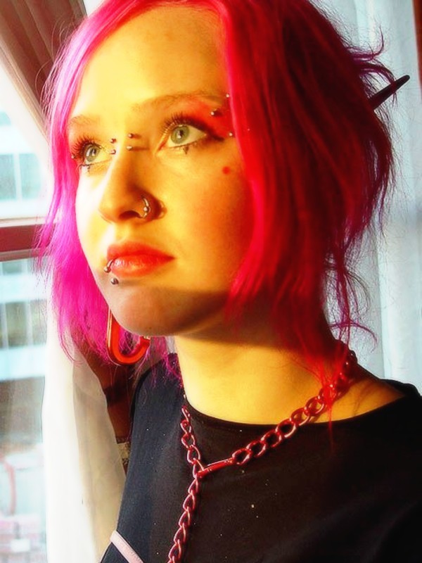 Pink haired goth babe Masscha shows her large pierced nipples #73273629