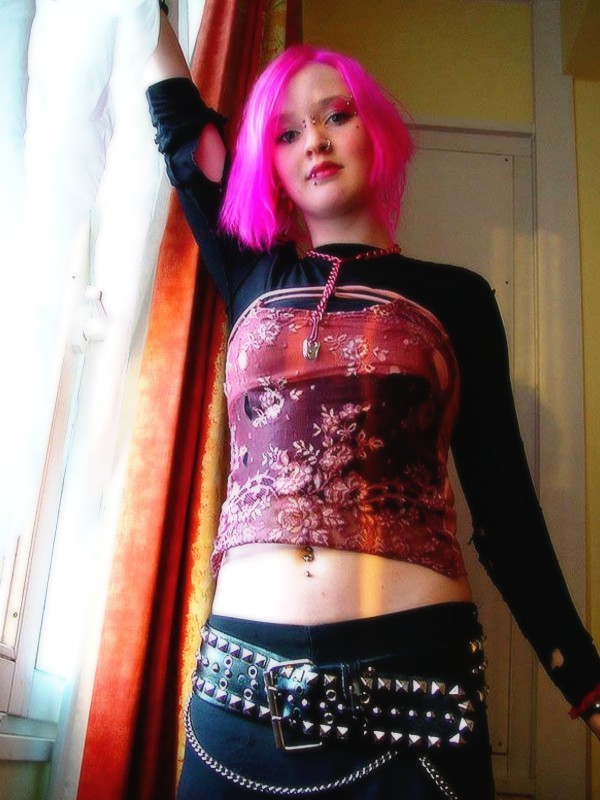 Pink haired goth babe Masscha shows her large pierced nipples #73273636