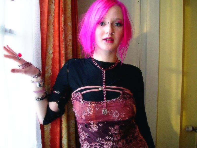 Pink haired goth babe Masscha shows her large pierced nipples #73273639