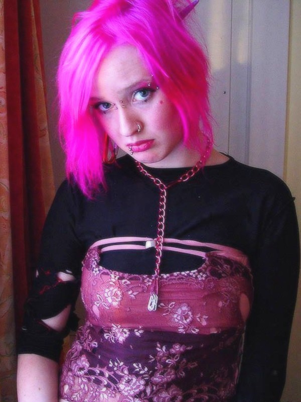 Pink haired goth babe Masscha shows her large pierced nipples #73273652
