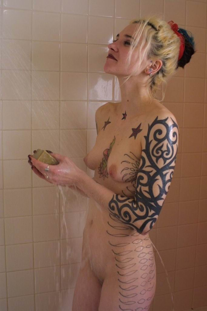 Tatooed blonde teen showering #78776383