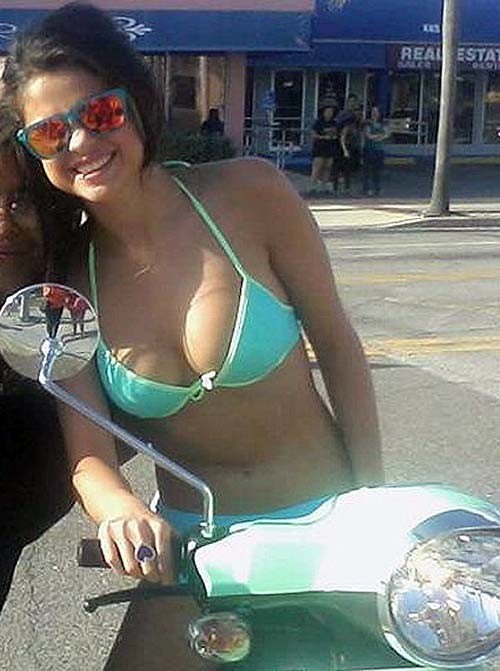 Selena Gomez Driving A Bike And Showing Tiny Tits In Bikini Top
