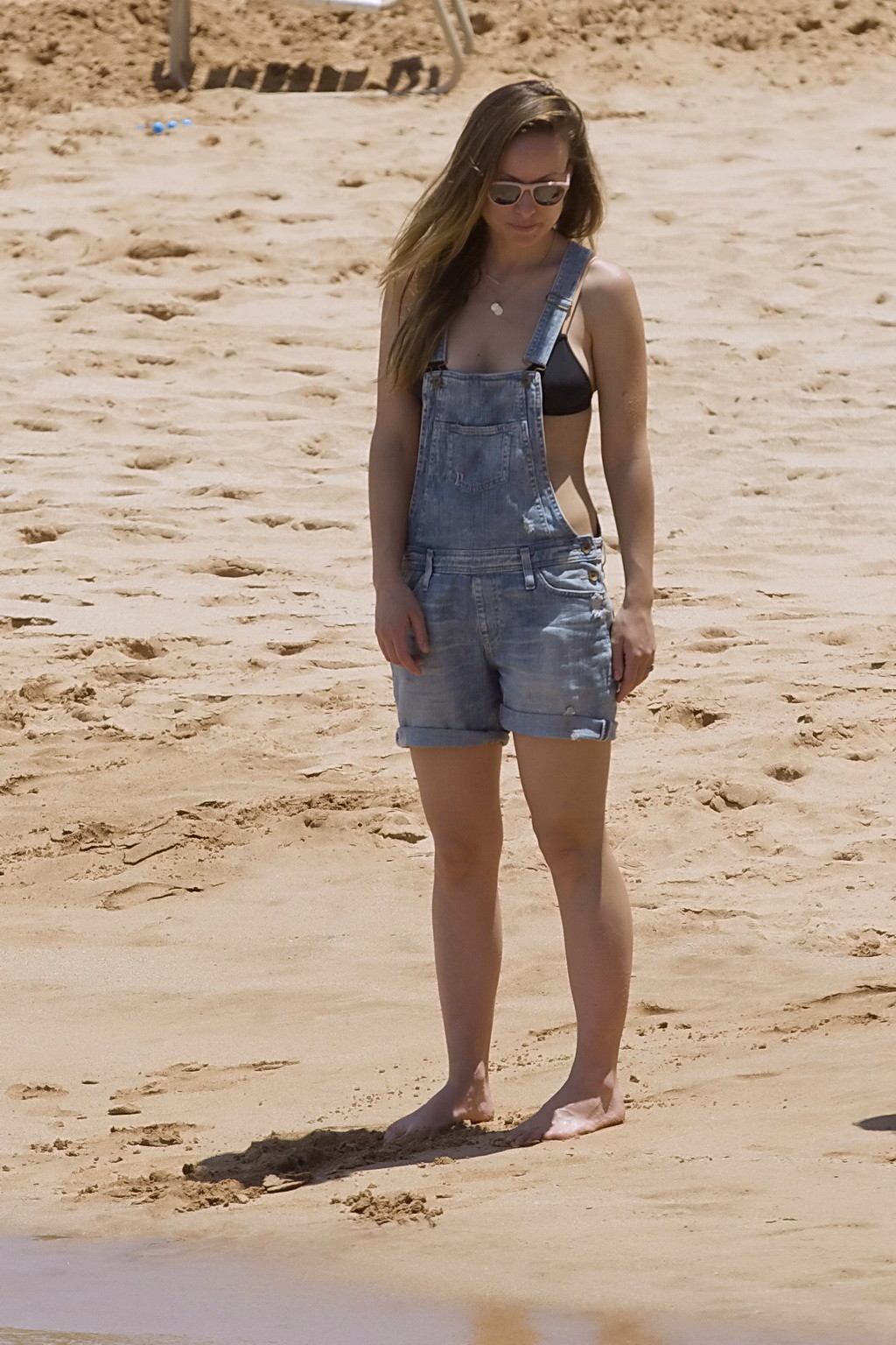 Olivia Wilde tetona en bikini negro y mono en una playa
 #75143621